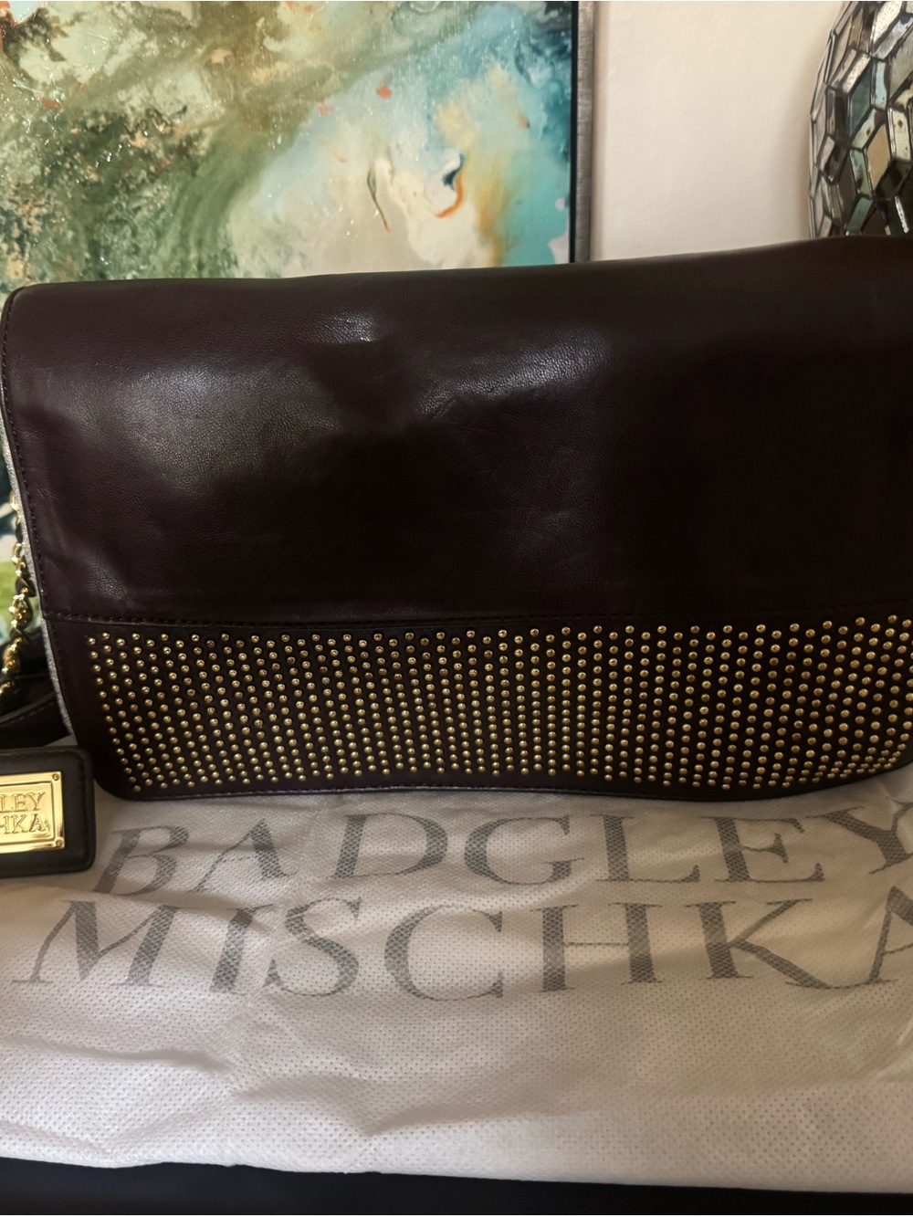 Badgley Mischka Dark Brown Leather Shoulder Bag with Gold Studs - Picture 10 of 10